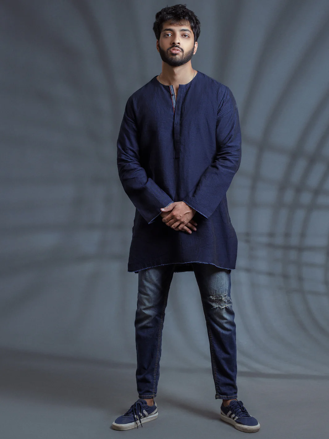 Dark Blue Linen Short Kurta - ALCR-K-006