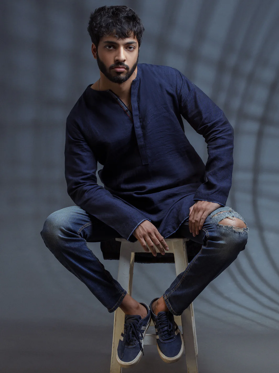 Dark Blue Linen Short Kurta - ALCR-K-006 - Image 2