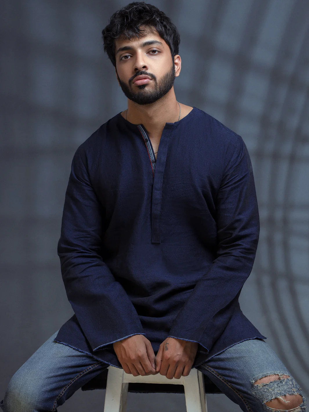 Dark Blue Linen Short Kurta - ALCR-K-006 - Image 7
