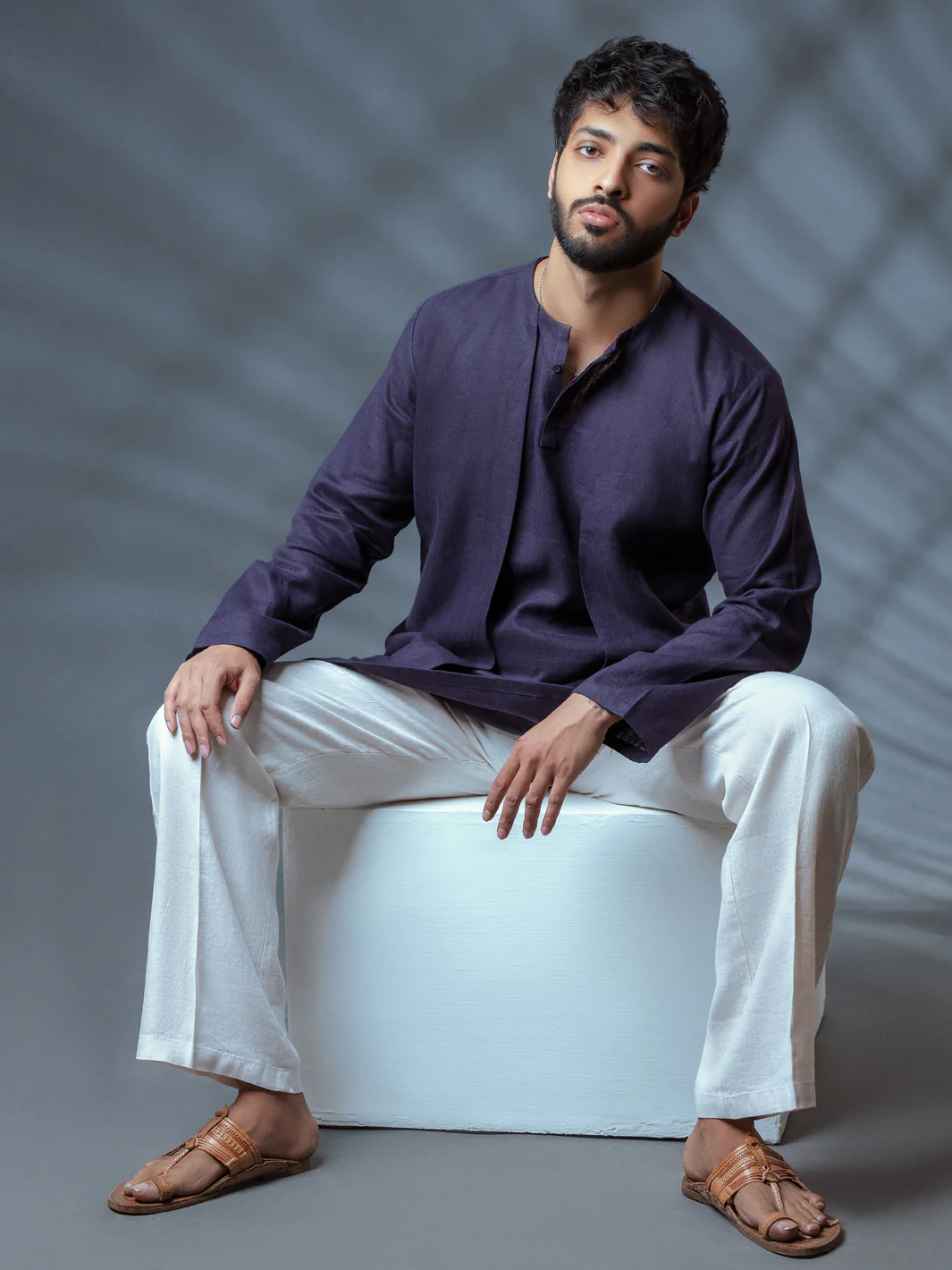 Deep Purple Linen Short Kurta - ALCR-K-009 - Image 3