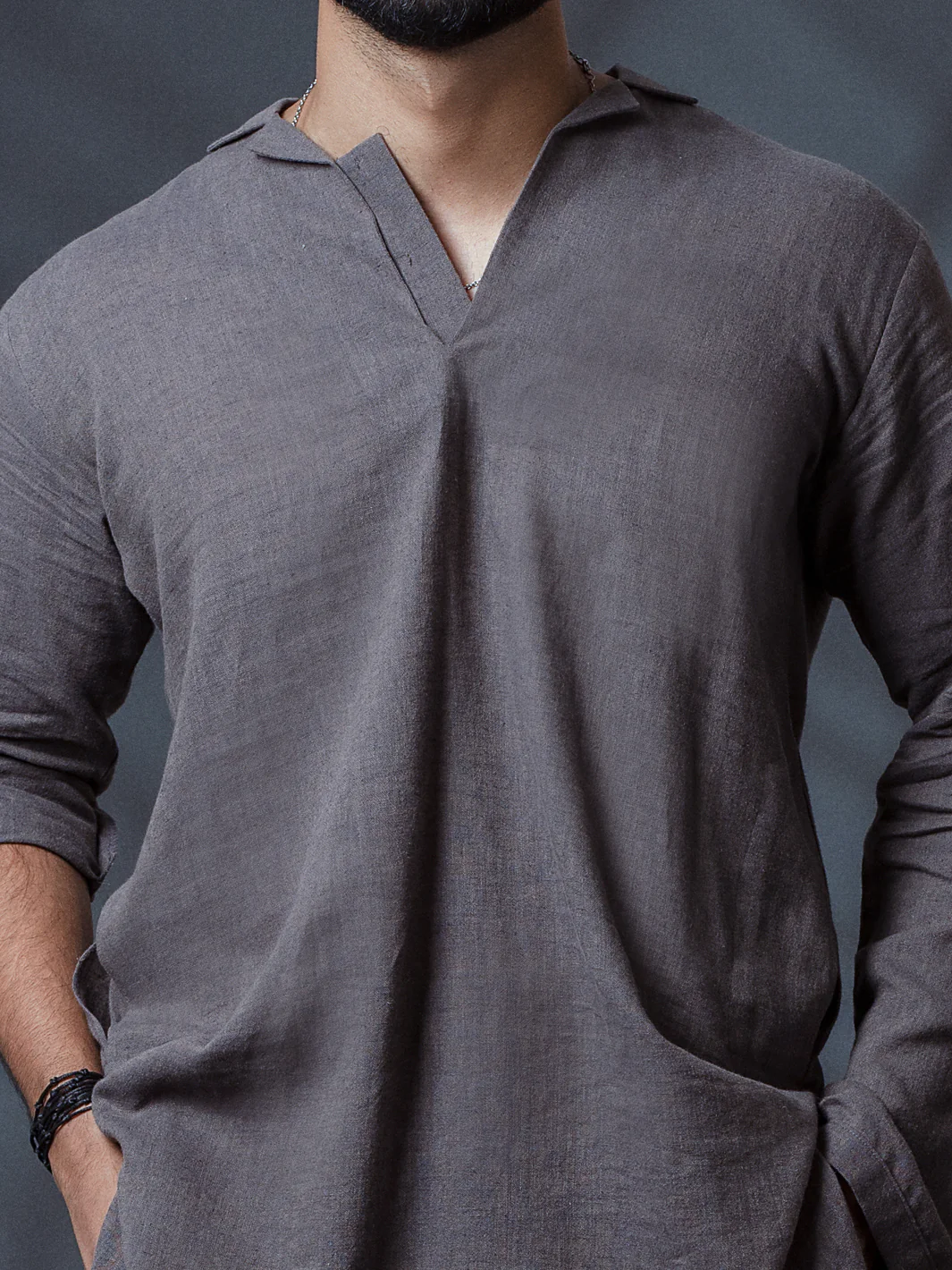 Grey Linen Short Kurta - ALCR-K-011 - Image 3