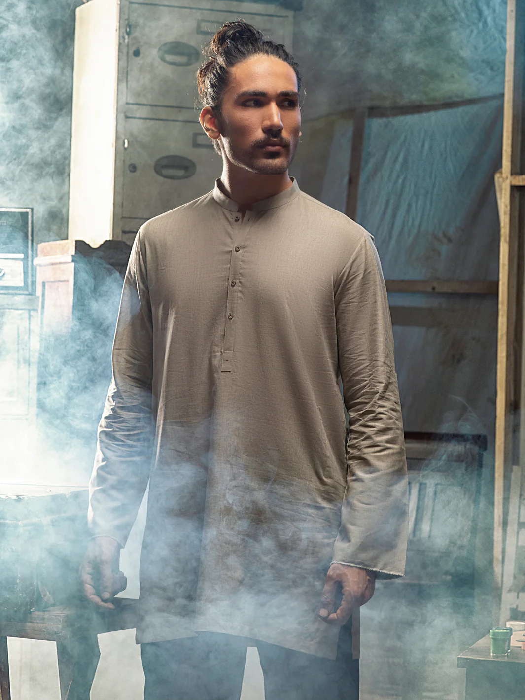 Khaki Linen Short Kurta - ALCR-K-012 - Image 4