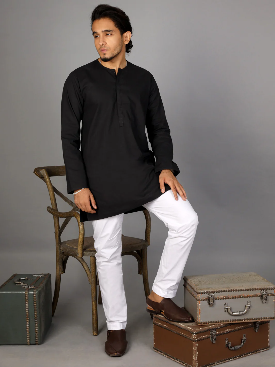 Black Linen Short Kurta - ALCR-K-015