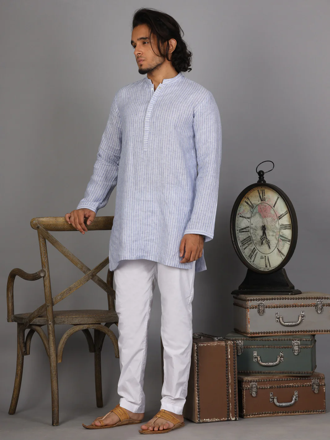 Light Blue Linen Short Kurta - ALCR-K-021
