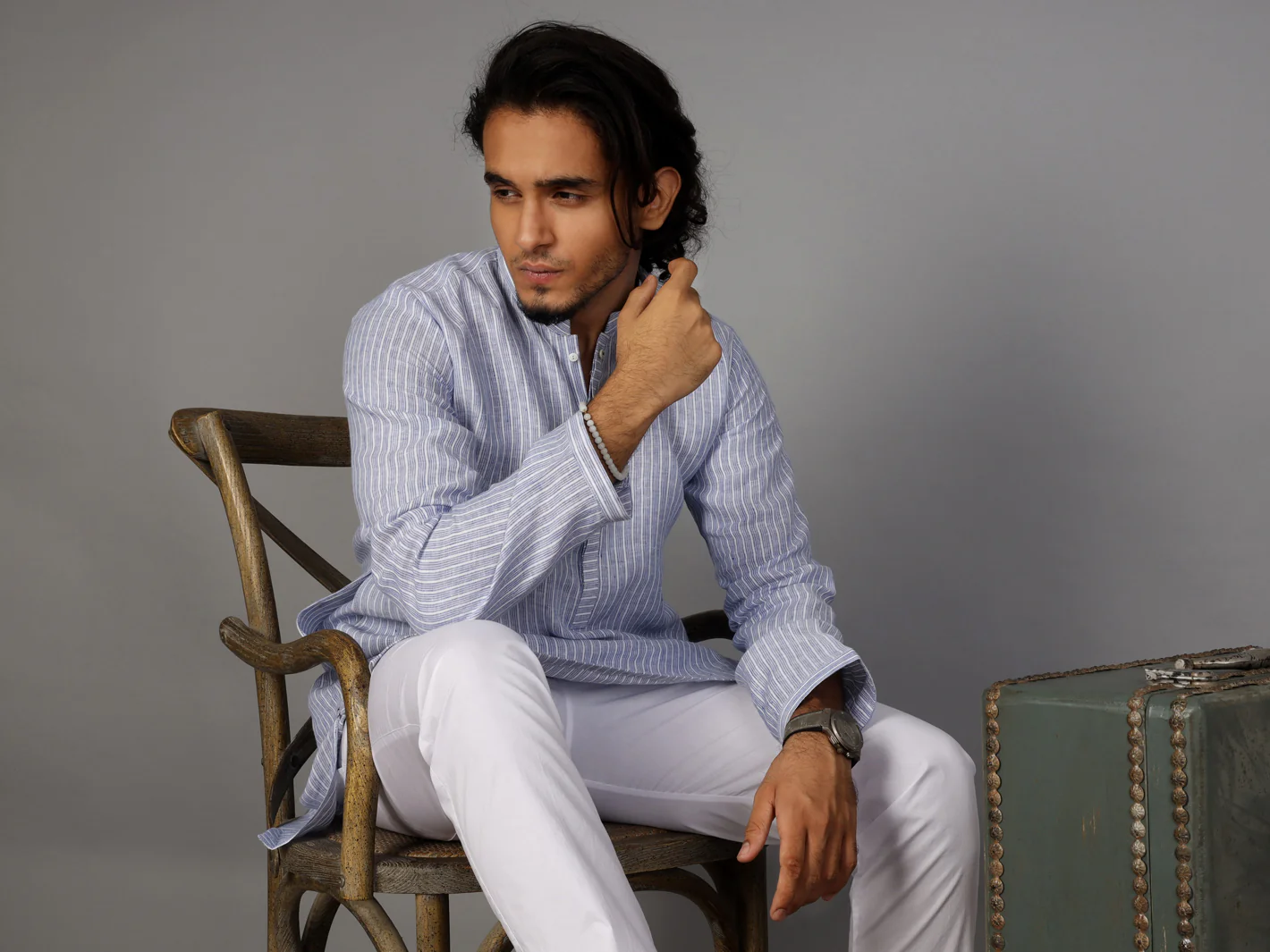 Light Blue Linen Short Kurta - ALCR-K-021 - Image 2
