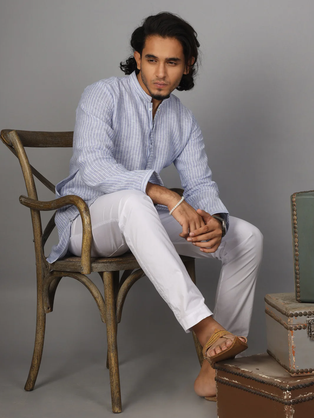 Light Blue Linen Short Kurta - ALCR-K-021 - Image 3