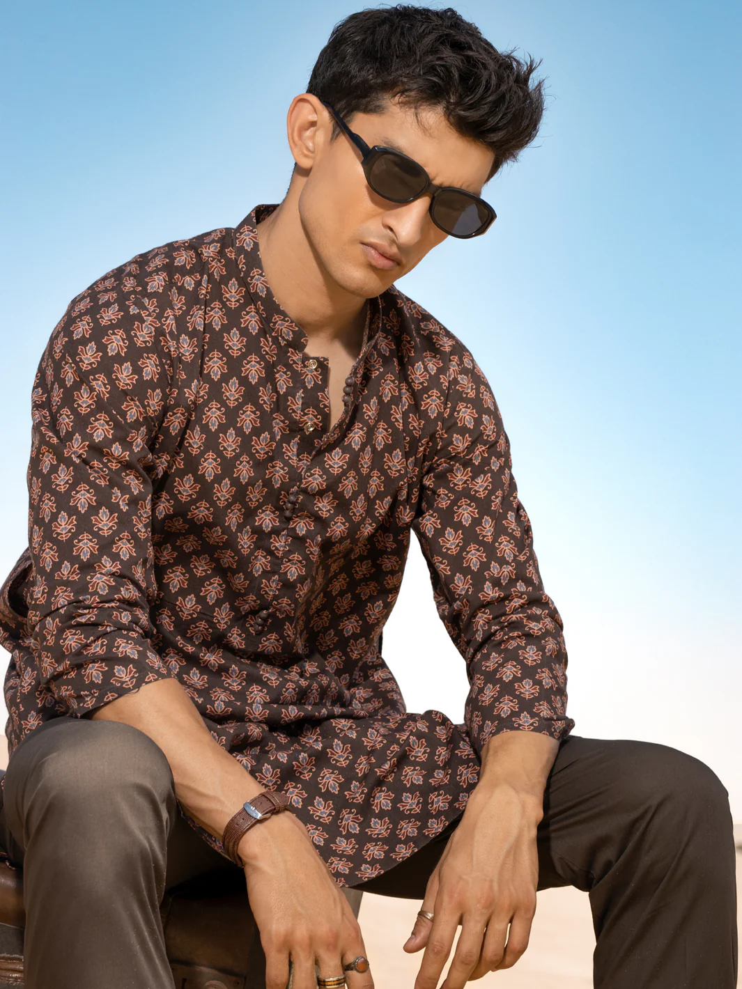 Dark Brown Linen Short Kurta - ALCR-K-036 - Image 2
