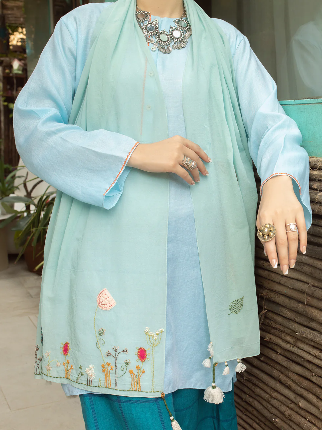 Ice Blue Cotton Women Stole - ALCR-ST-1042 - Image 2