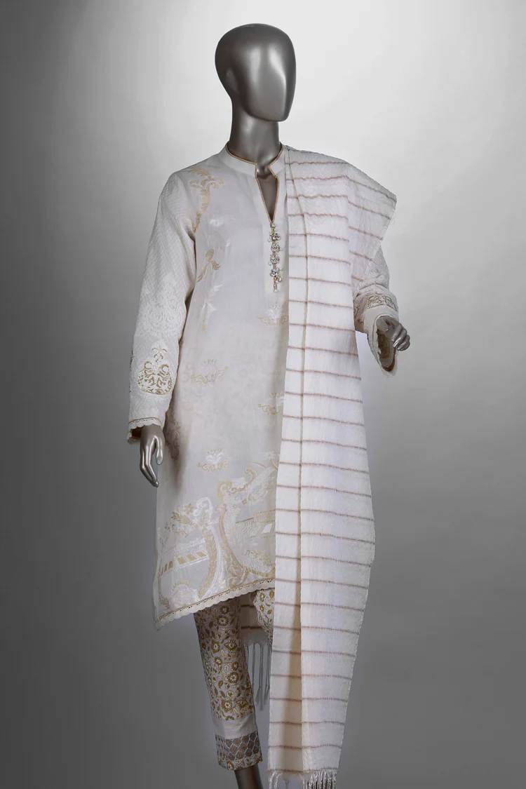 Off White Jacquard 3Pc Unstitched - ALP-298