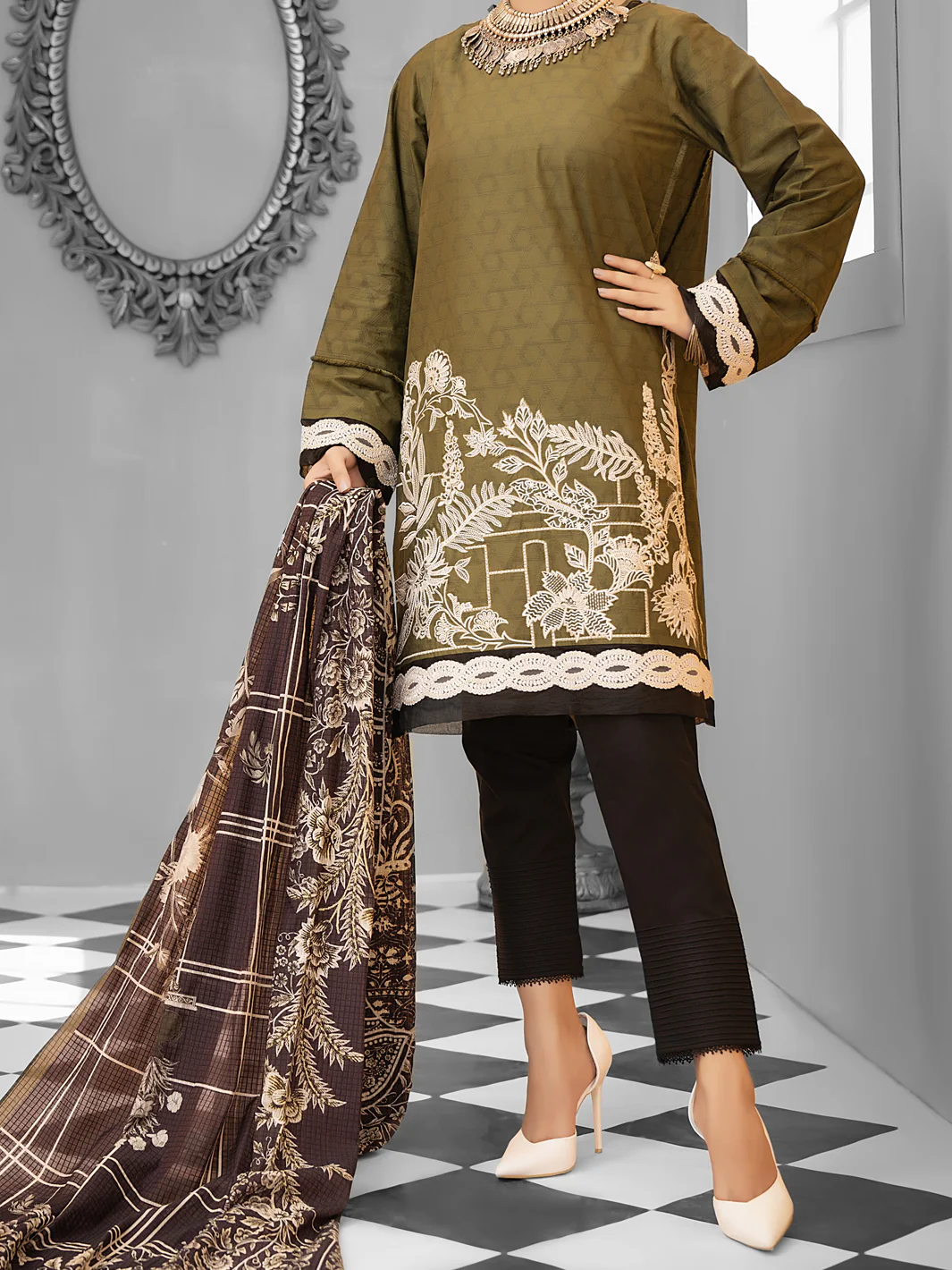 Olive Green Cambric 2Pc Stitched - ALP-1031 - Image 2