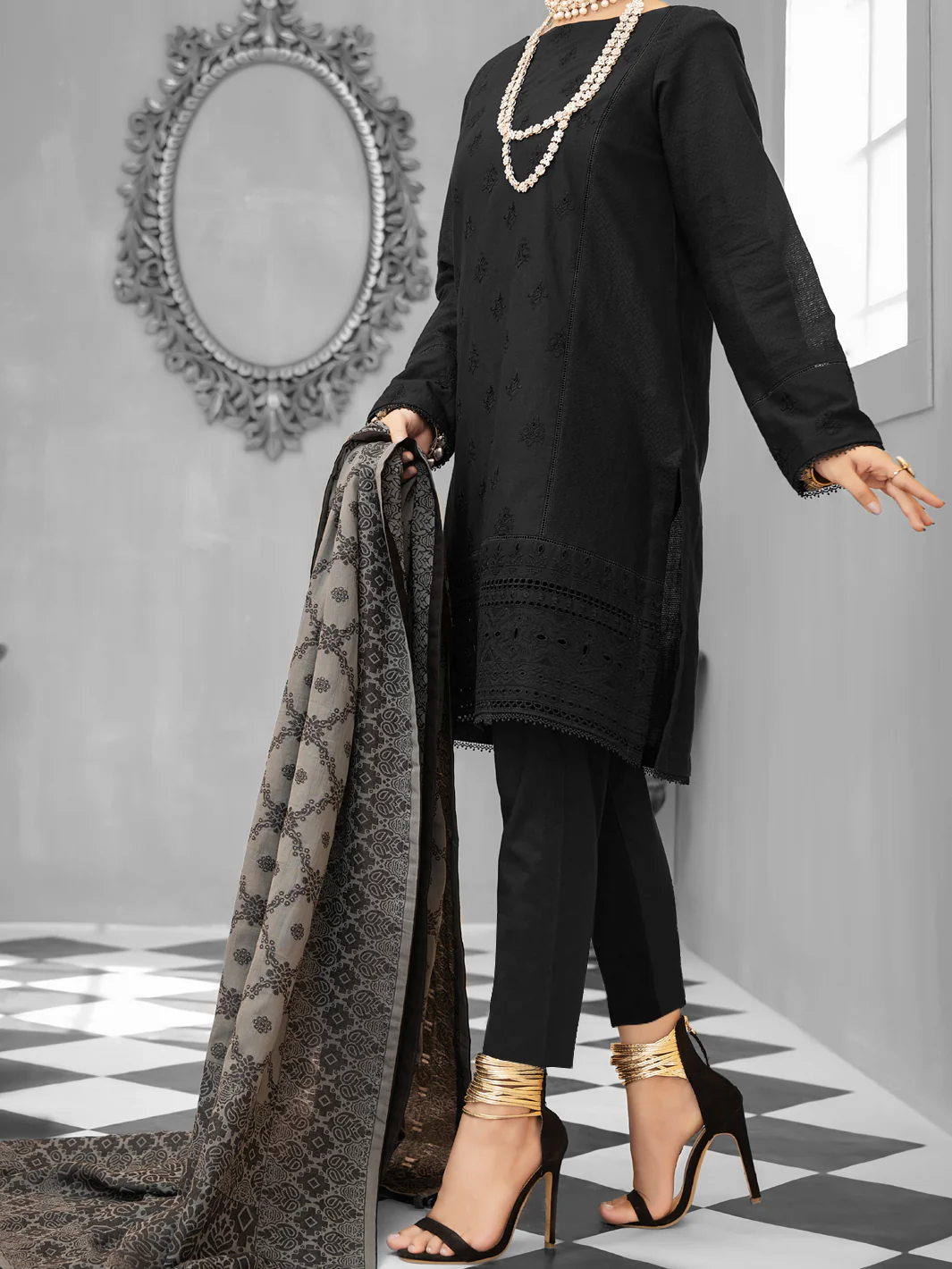 Black Cotton Dobby 3Pc Stitched - ALP-1027