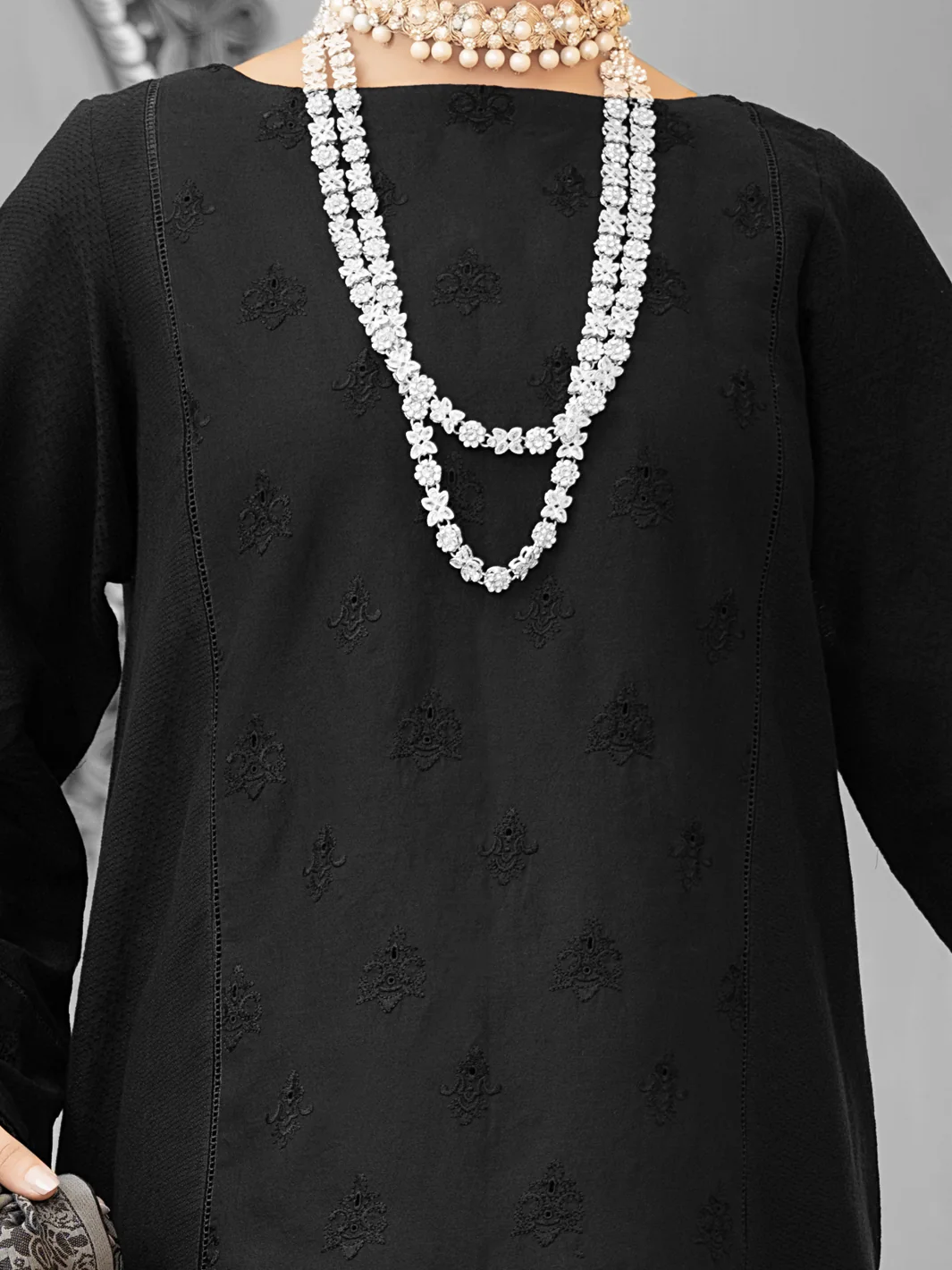 Black Cotton Dobby 3Pc Stitched - ALP-1027 - Image 2