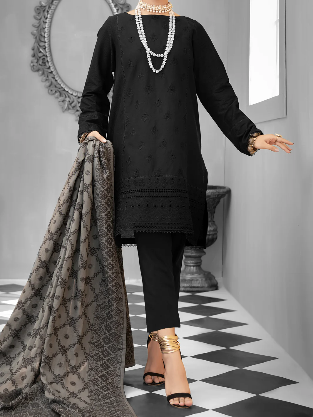 Black Cotton Dobby 3Pc Stitched - ALP-1027 - Image 4