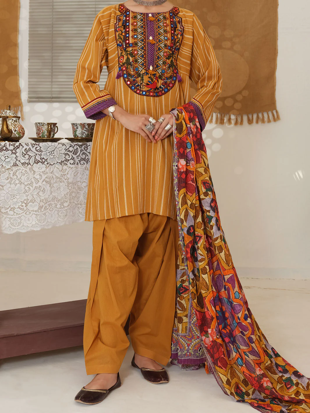 Mustard Yarn Dyed Jacquard 3Pc Stitched - ALP-3PS-1049/S - Image 3