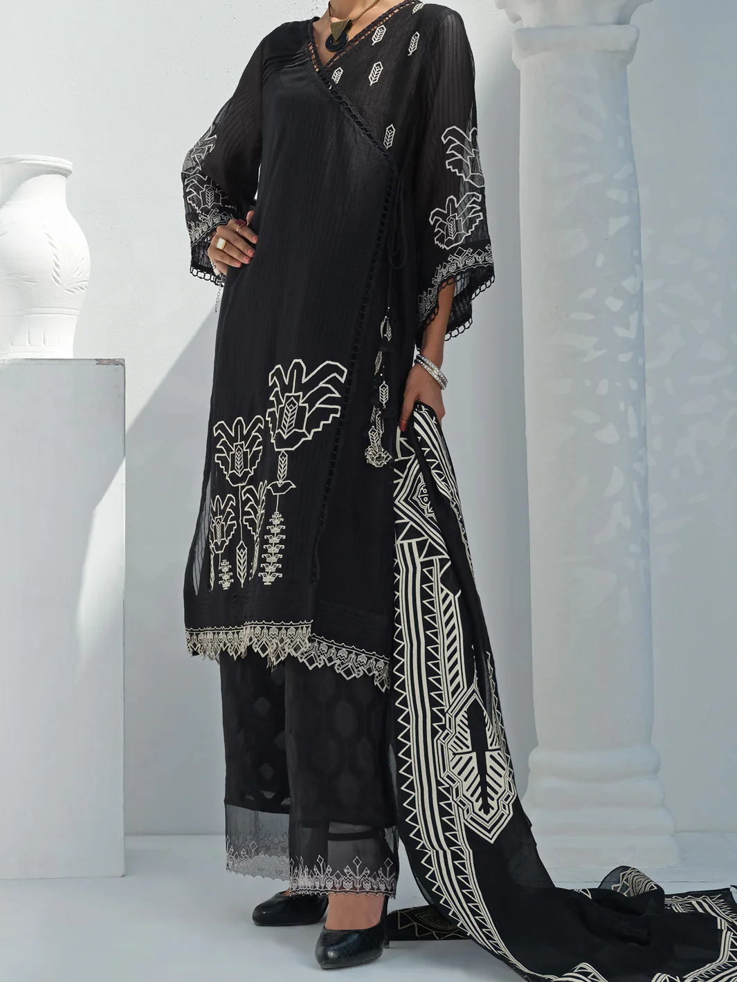 Black Khaddi Net 3Pc Unstitched - ALP-3PS-1055