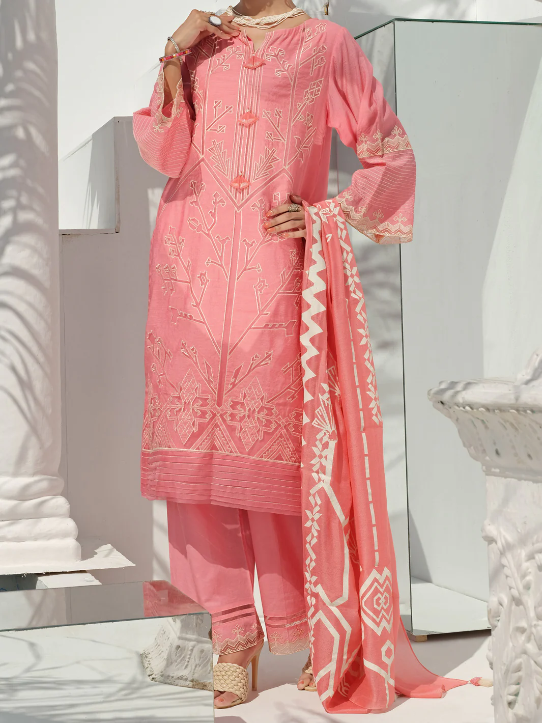 Pink Swiss Voile + Khaddi Net 3Pc Stitched - ALP-3PS-1059