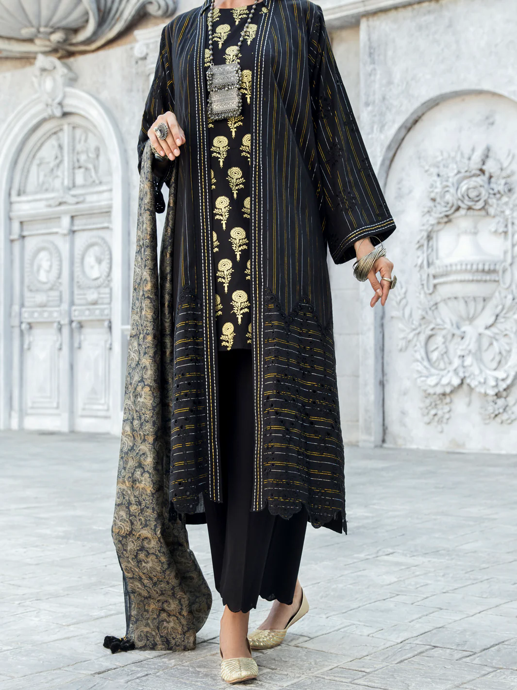 Black Lurex Jacquard 3Pc Stitched - ALP-3PS-1192