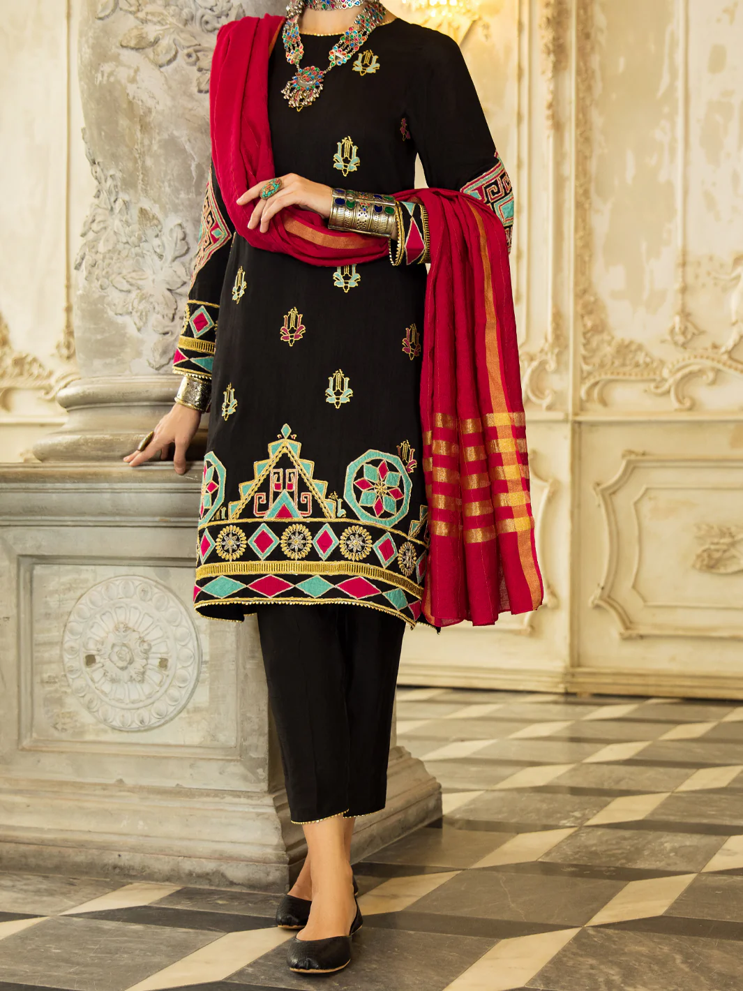 Black Raw Silk 3Pc Stitched - ALP-3PS-1280