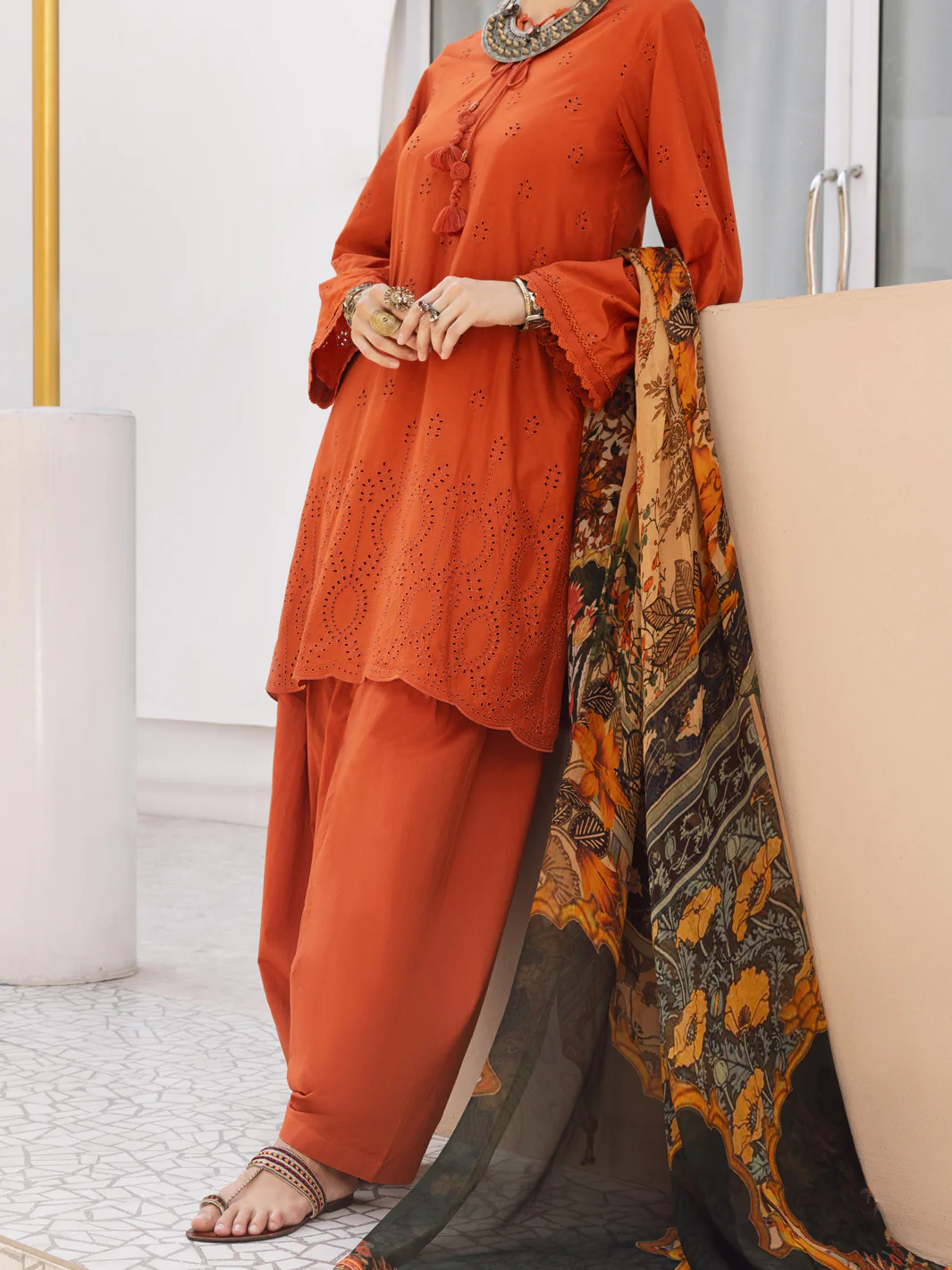 Orange Dobby Schiffli 3Pc Unstitched - ALP-3PS-1316