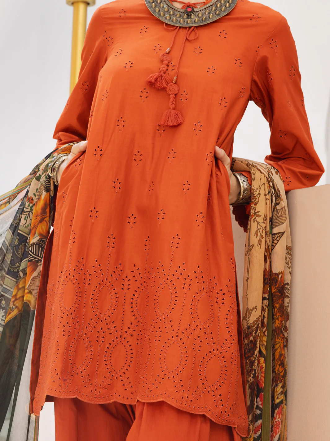 Orange Dobby Schiffli 3Pc Unstitched - ALP-3PS-1316 - Image 3