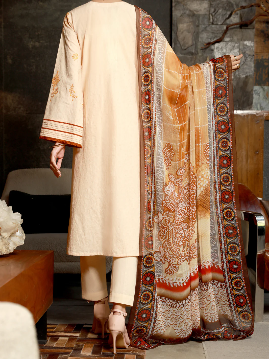 Cream Jacquard 3Pc Unstitched - ALP-3PS-1392 - Image 2