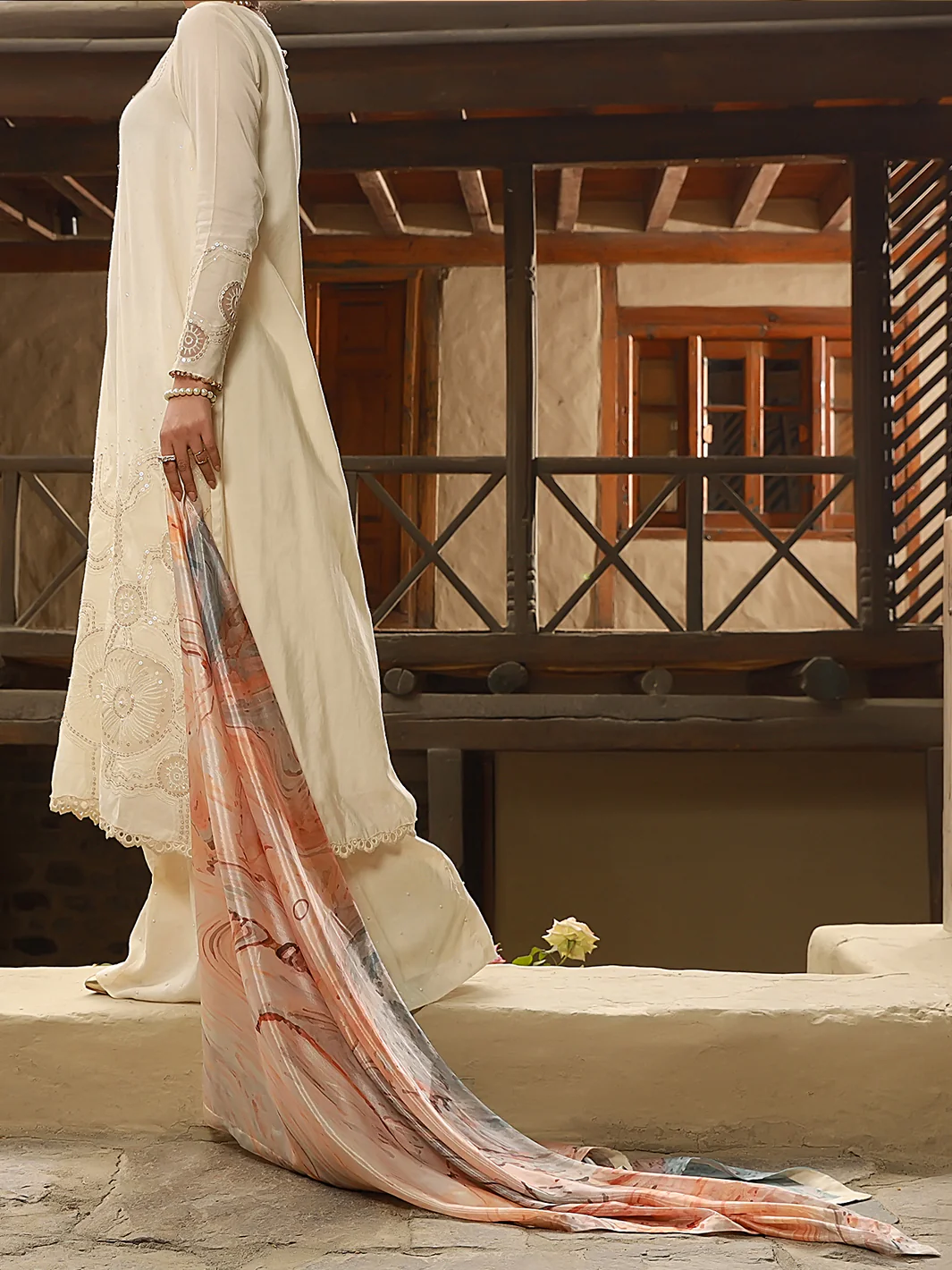 Off White Chanderi 3Pc Stitched - ALP-3PS-1406 - Image 2