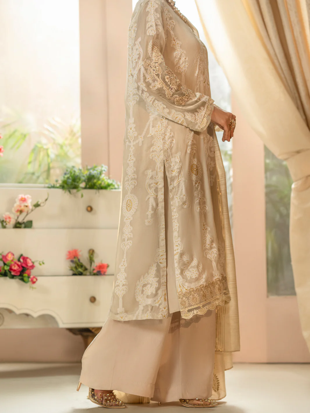 Off White Burnout Silk 3Pc Stitched - ALP-3PS-1663 - Image 3
