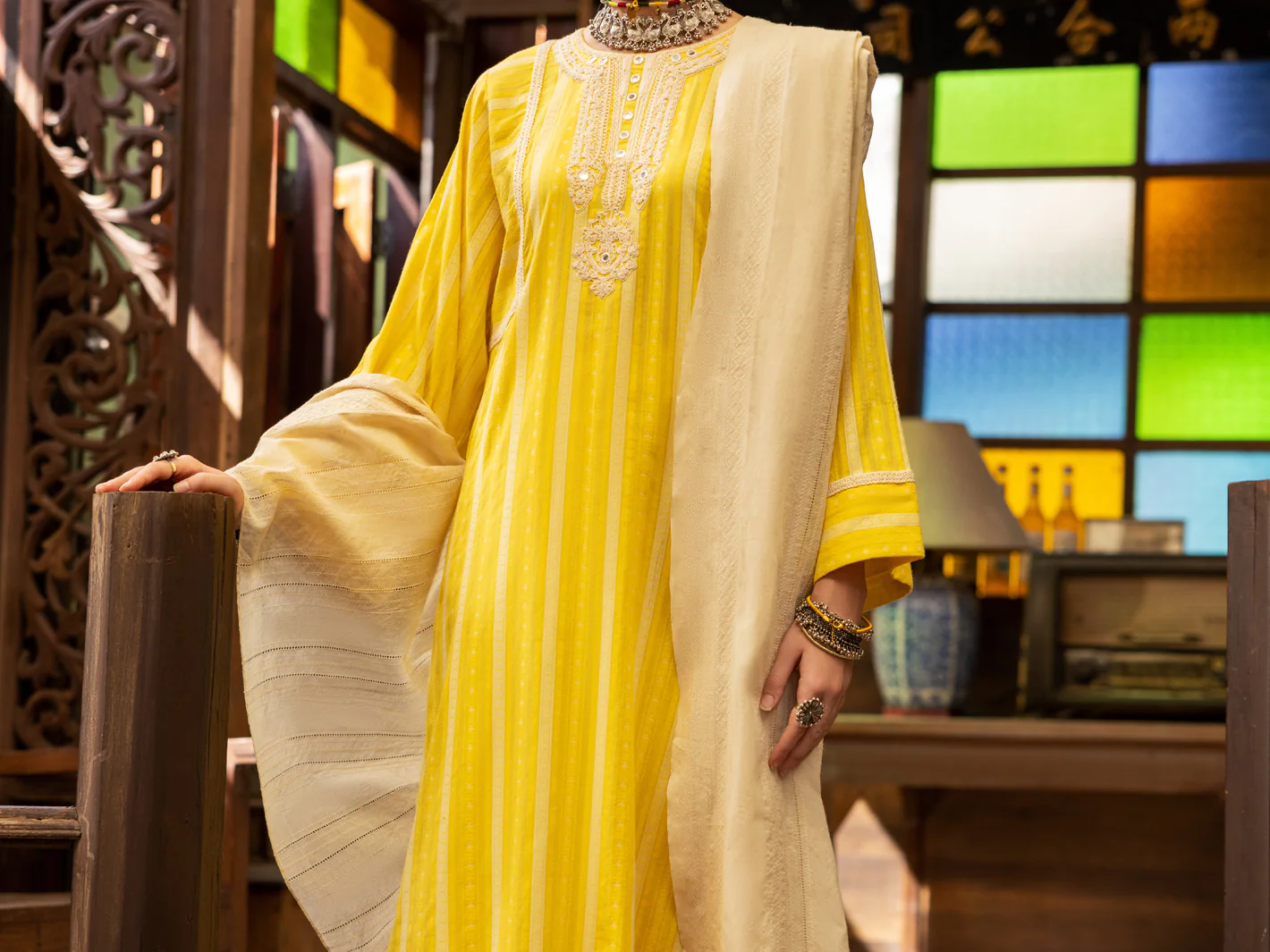 Yellow Yarn-Dyed Jacquard 3Pc Unstitched - ALP-3PS-1778 - Image 4