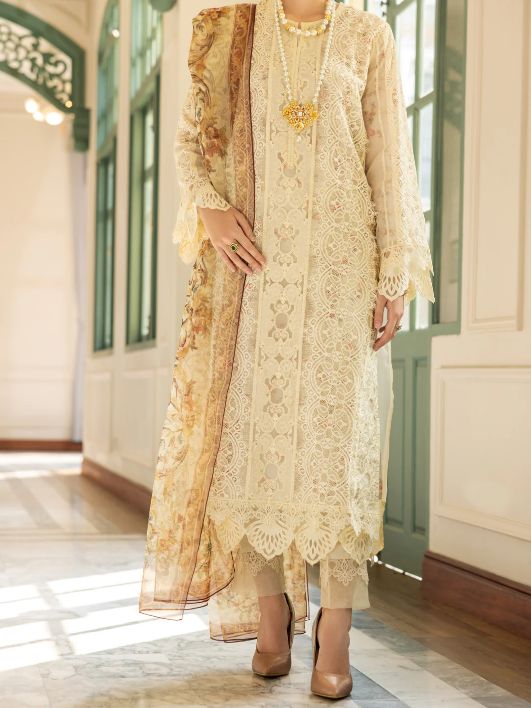 Off White Poly-Organza 3Pc Unstitched - ALP-3PS-1786