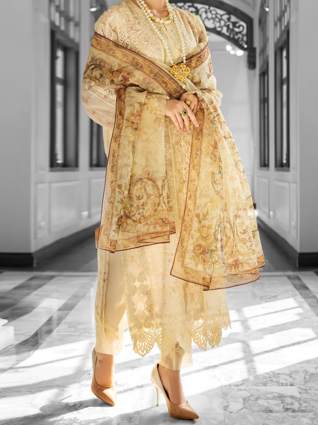 Off White Poly-Organza 3Pc Stitched - ALP-3PS-1786