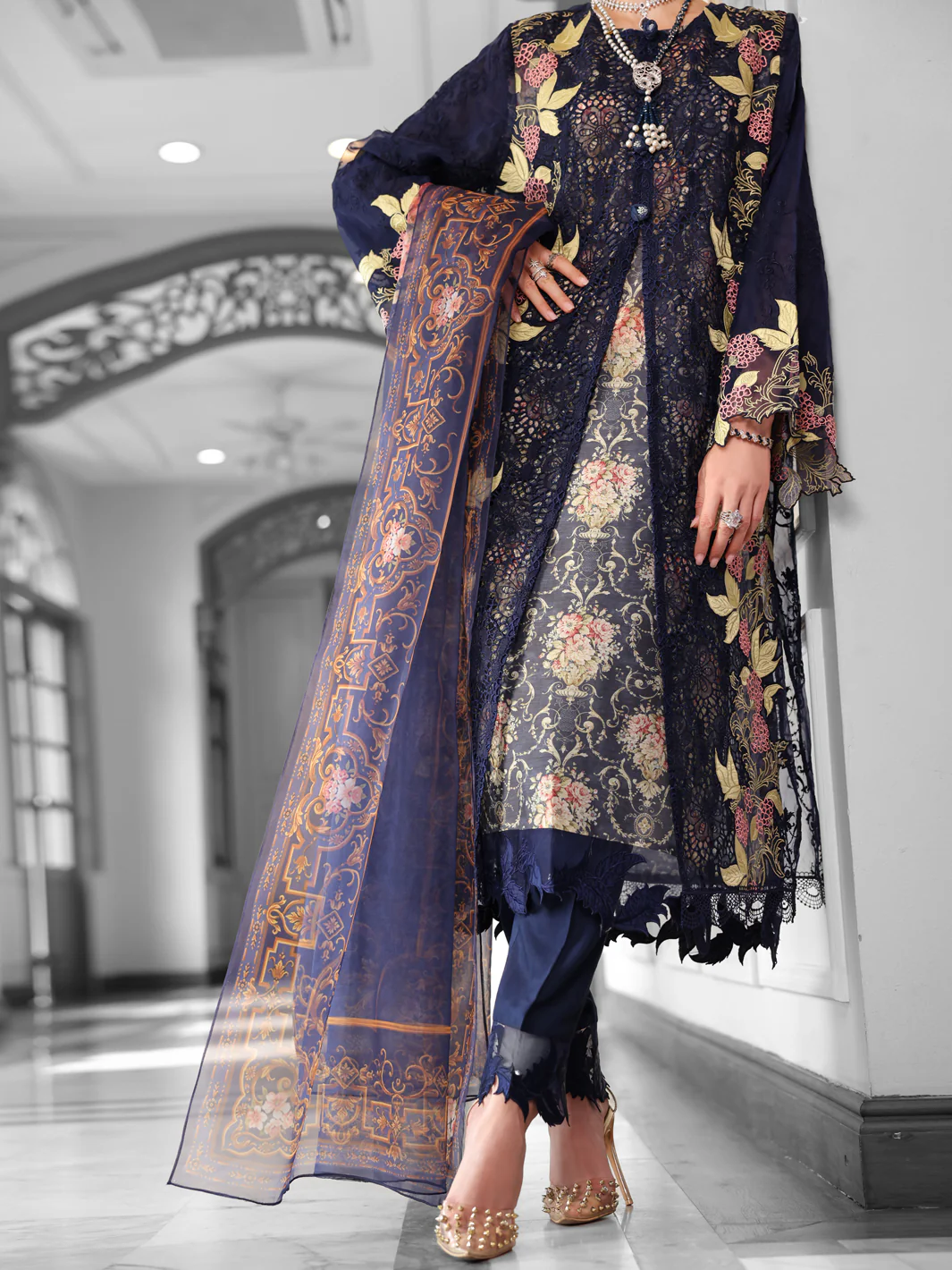 Dark Blue Poly-Organza 3Pc Stitched - ALP-3PS-1787