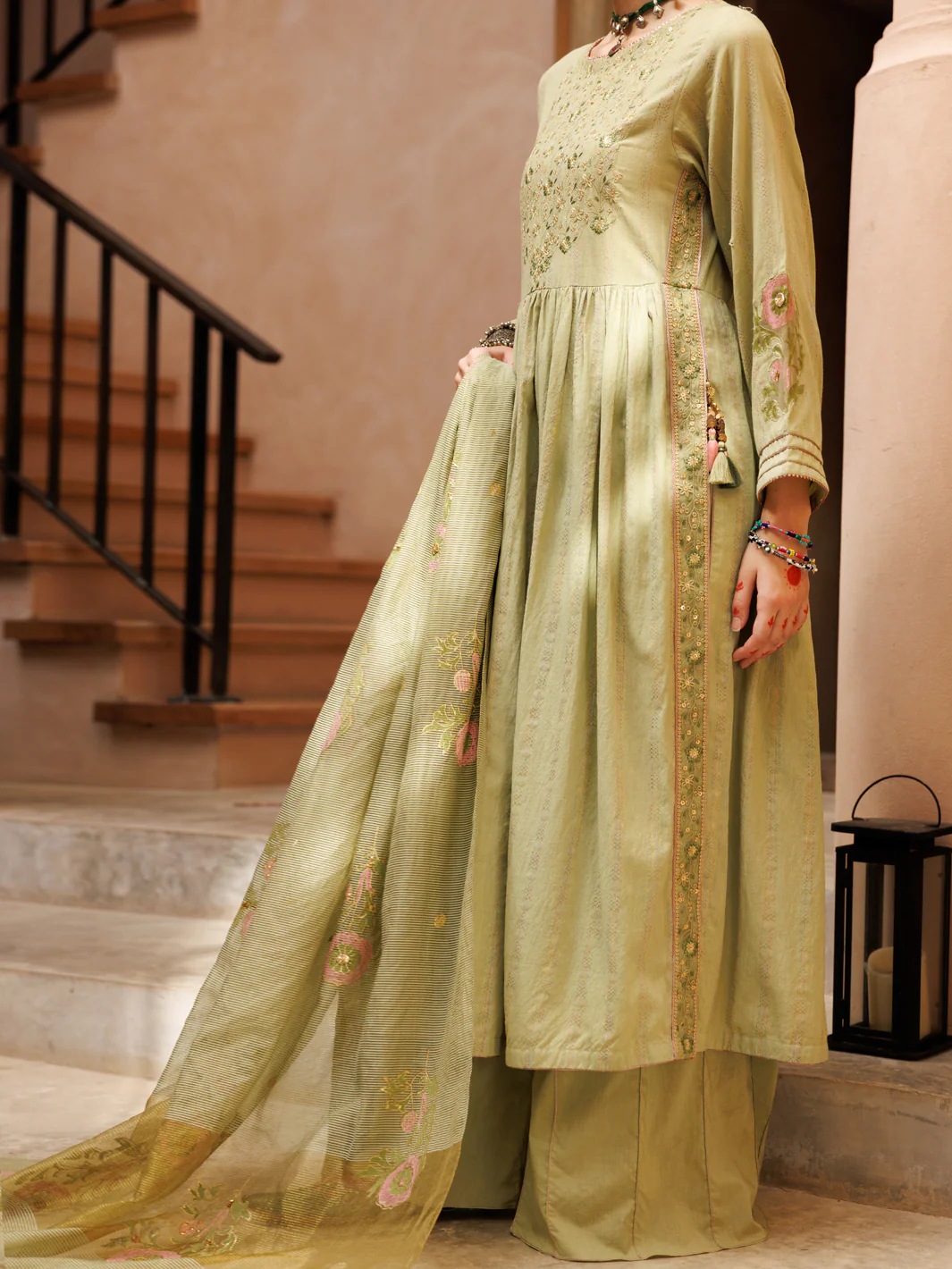 Light Green Stripe Cotton Jacquard 3Pc Stitched - ALP-3PS-1803