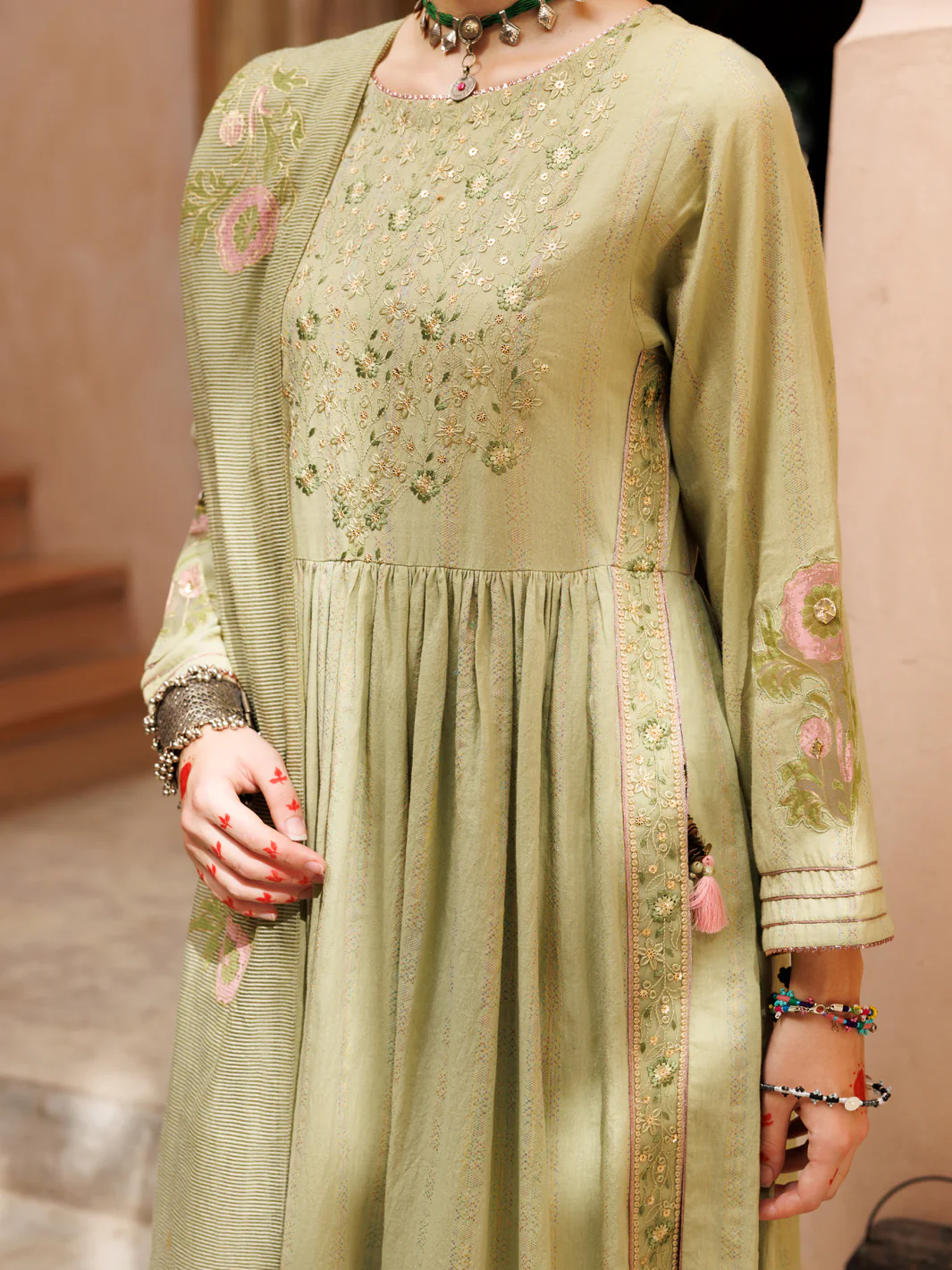 Light Green Stripe Cotton Jacquard 3Pc Stitched - ALP-3PS-1803 - Image 2