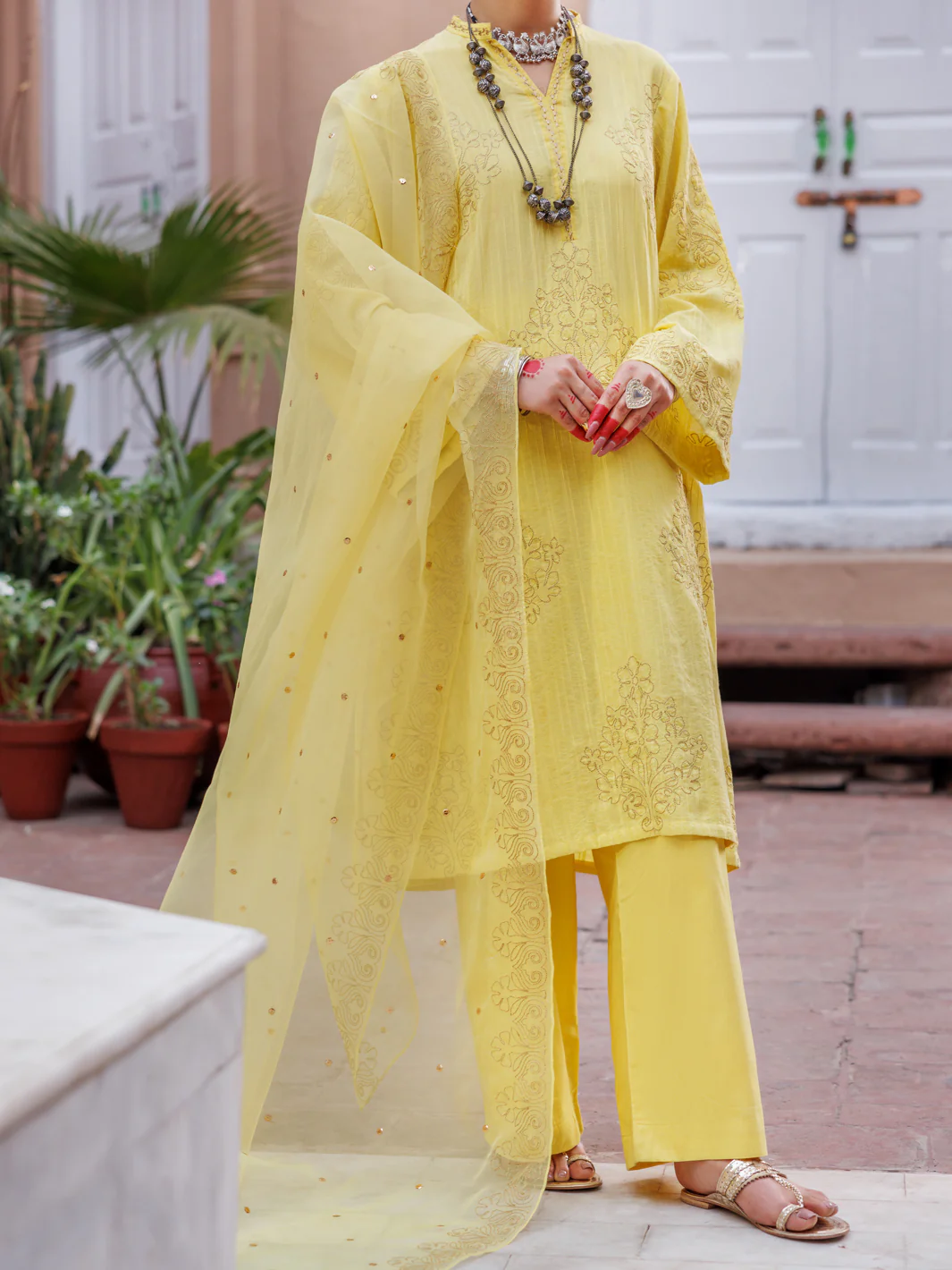 Yellow Dobby Jacquard 3Pc Stitched - ALP-3PS-1952