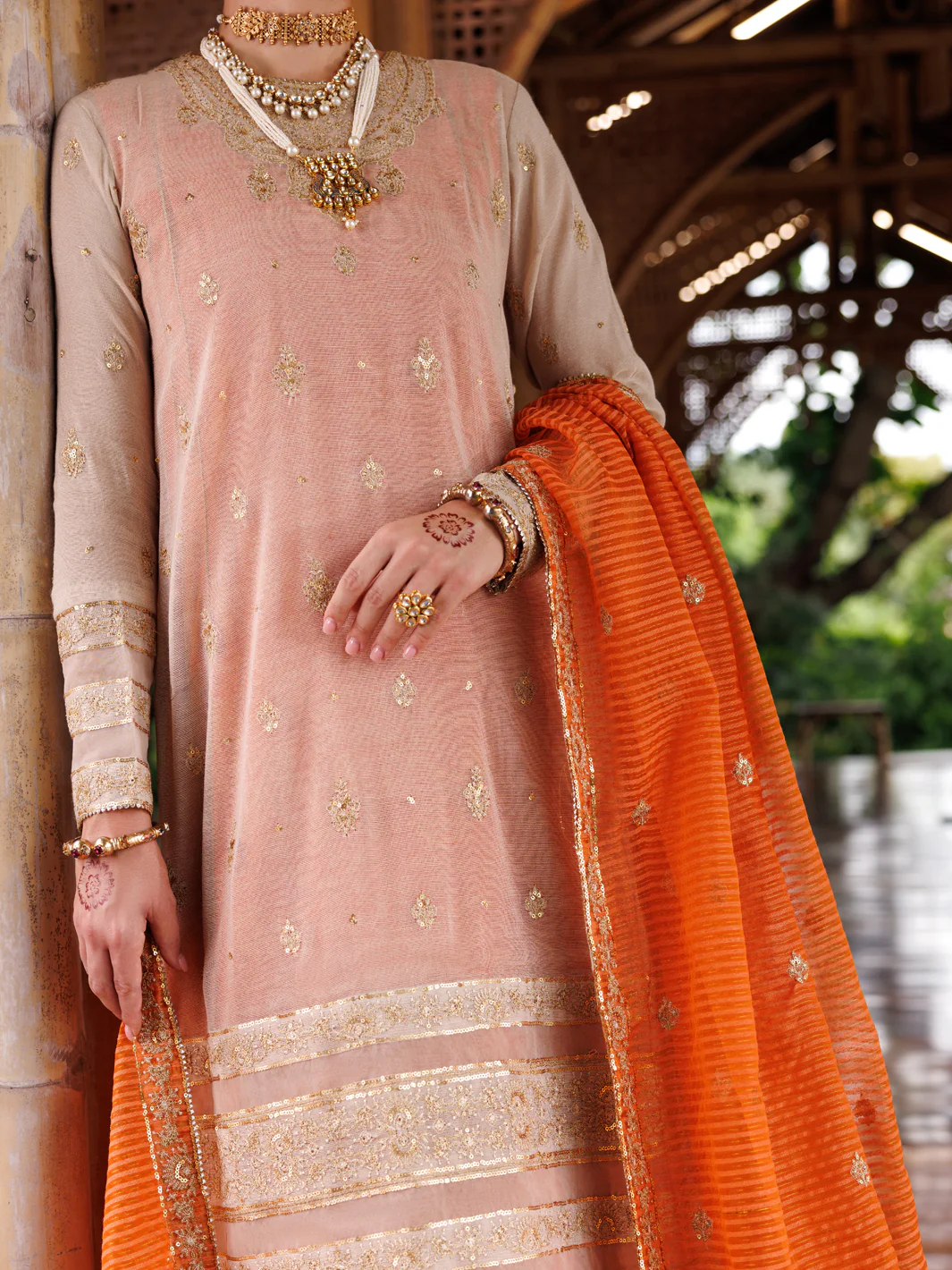 Mustard Cotton Khaddi Net 3Pc Stitched - ALP-3PS-2028 - Image 5