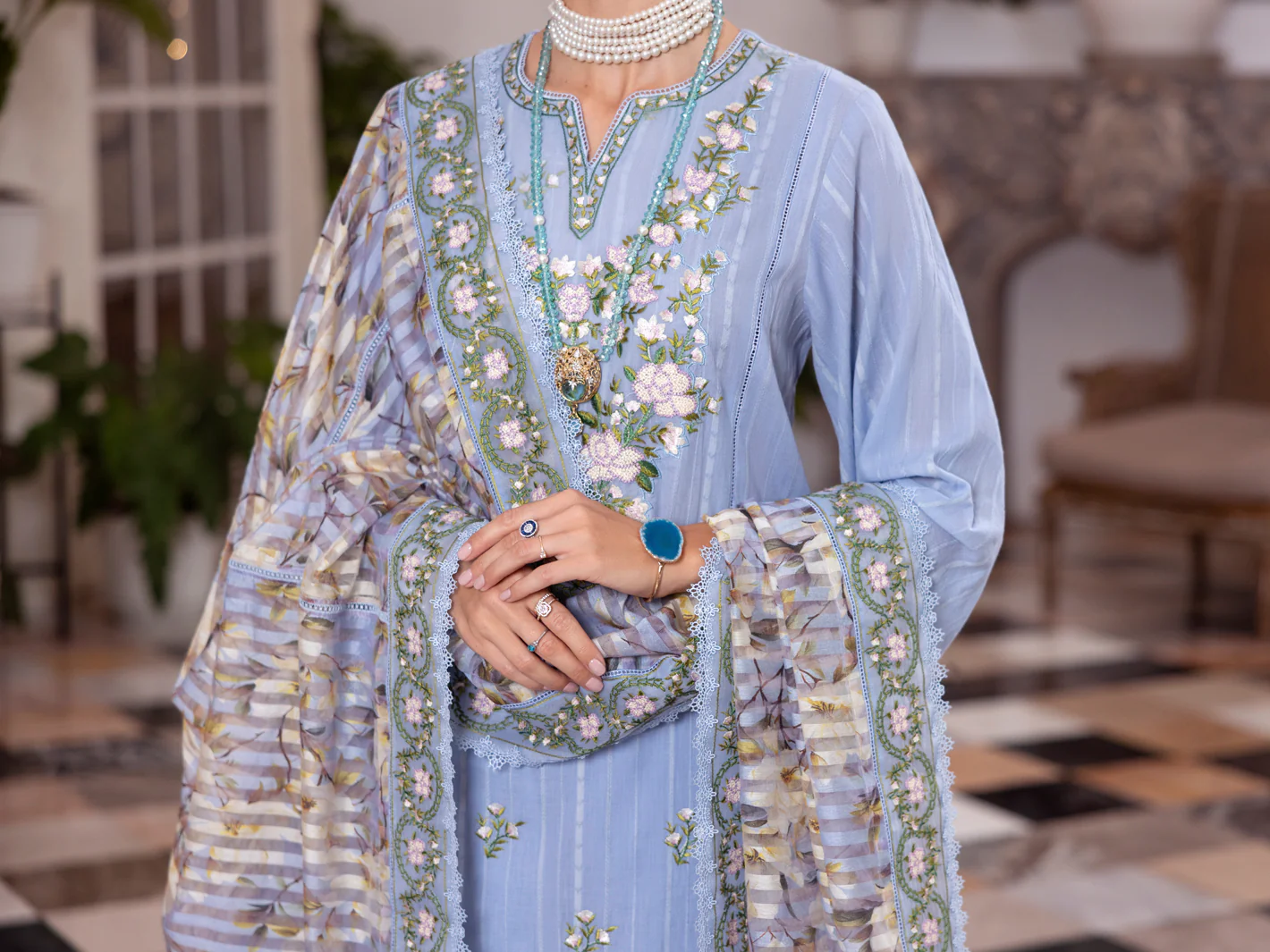 Sky Blue Dobby Net 3Pc Stitched - ALP-3PS-2058 - Image 4