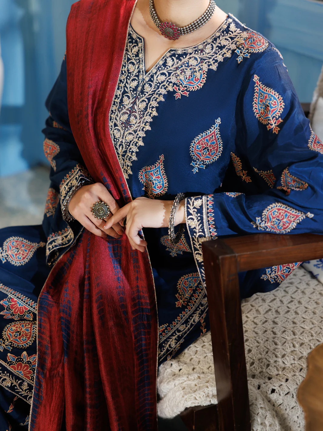 Blue Thai Silk Stitched 3Pc - ALP-3PS-2380 - Image 3