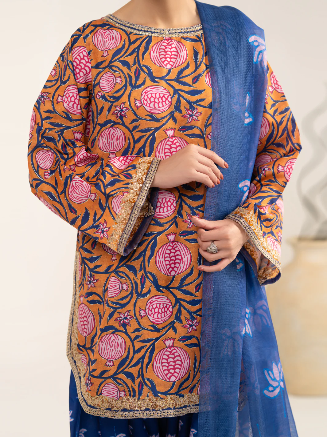 Mustard Blue Raw Silk 3Pc Unstitched - ALP-3PS-2442 - Image 2