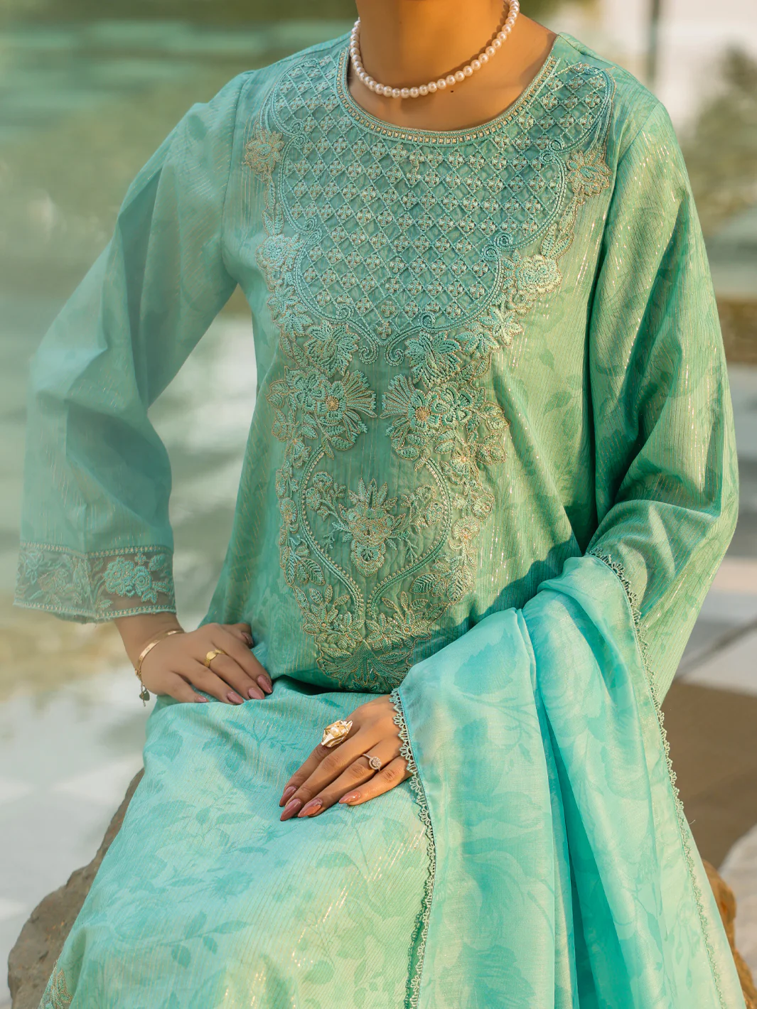 Aqua Blue Lurex 3Pc Unstitched - ALP-3PS-2453 - Image 4