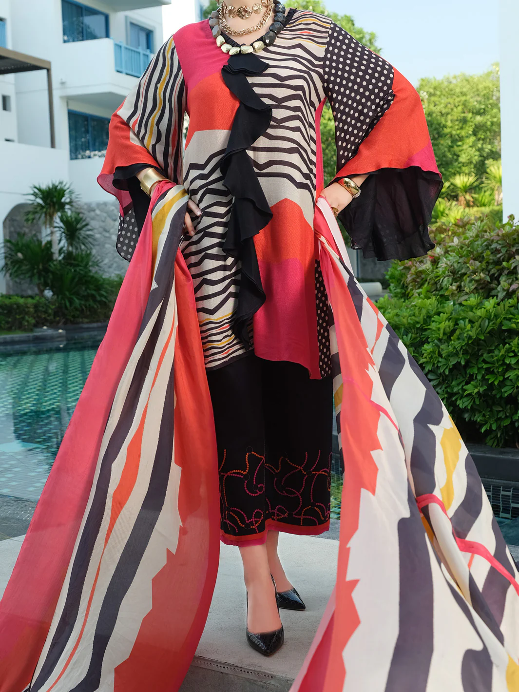 Pink Viscose Net 3Pc Stitched - ALP-3PS-838