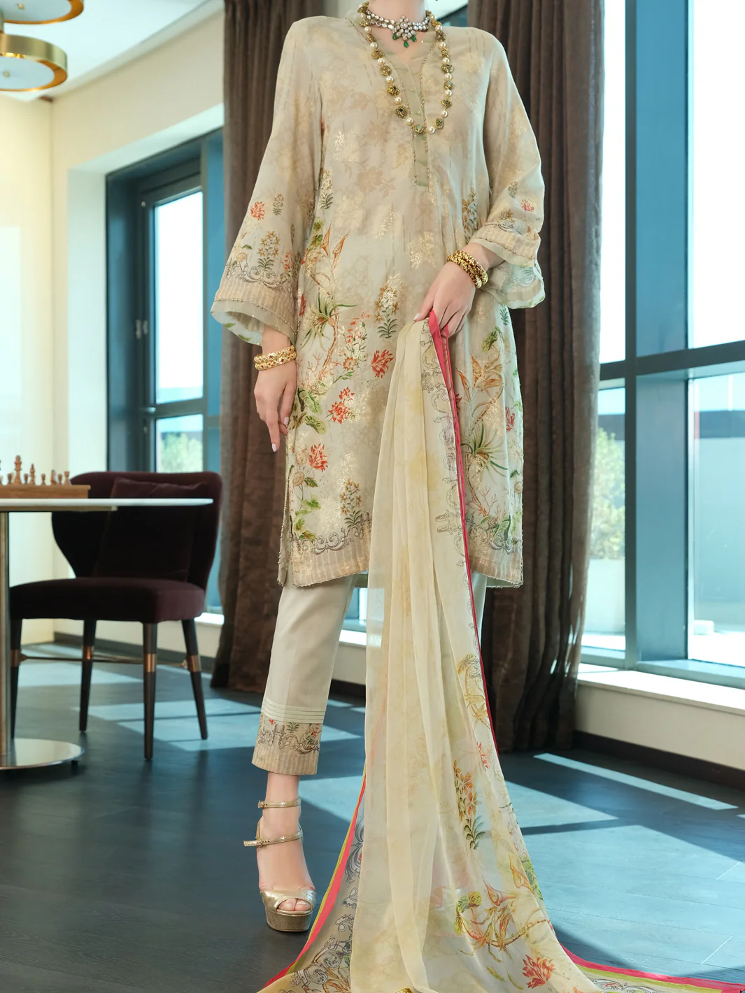 Beige Jacquard 3Pc Stitched - ALP-3PS-896