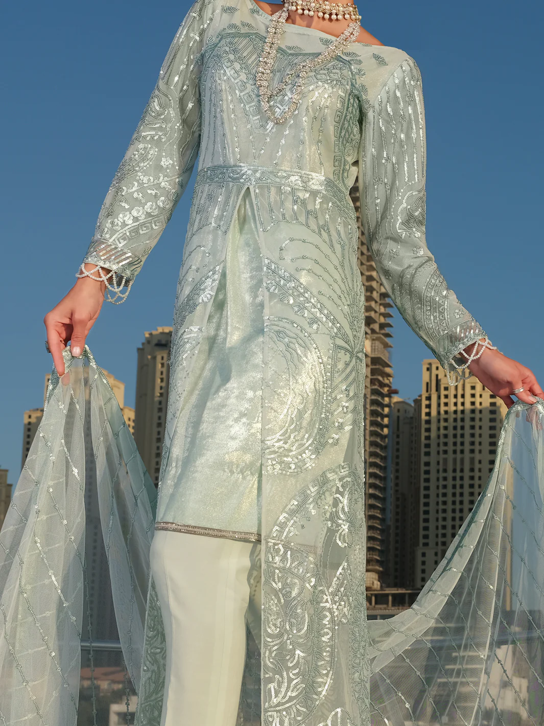 Sea Green Net 3Pc Unstitched - ALP-3PS-906