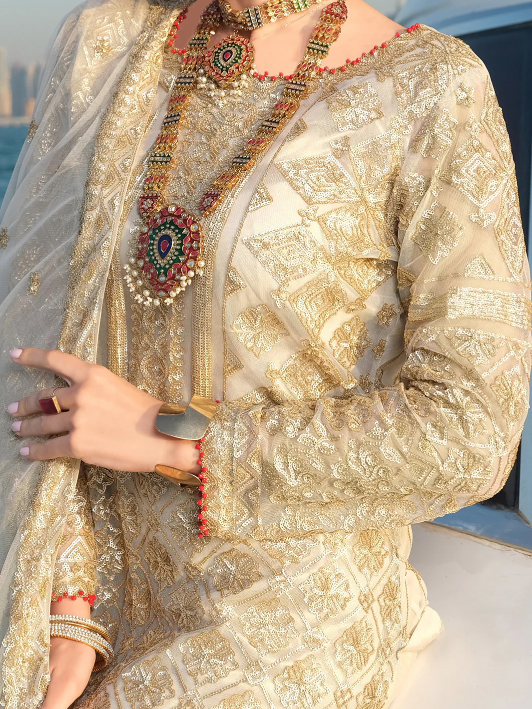 Beige Net 3Pc Stitched - ALP-3PS-907 - Image 2