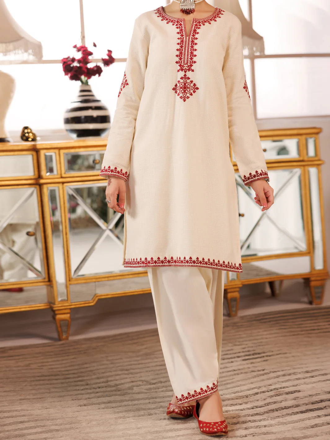 Off White Cotton Square 2 Piece Stitched - ALT-2PS-LKS-1163