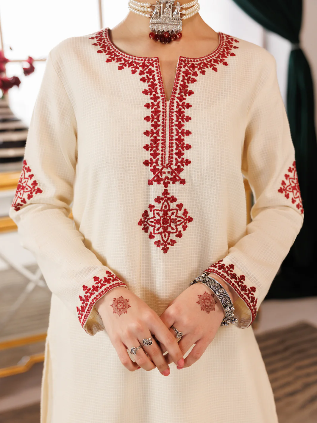 Off White Cotton Square 2 Piece Stitched - ALT-2PS-LKS-1163 - Image 2