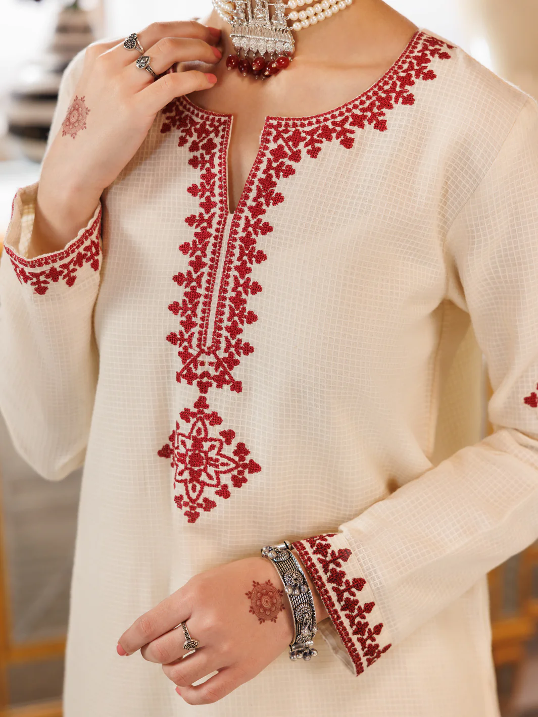 Off White Cotton Square 2 Piece Stitched - ALT-2PS-LKS-1163 - Image 3