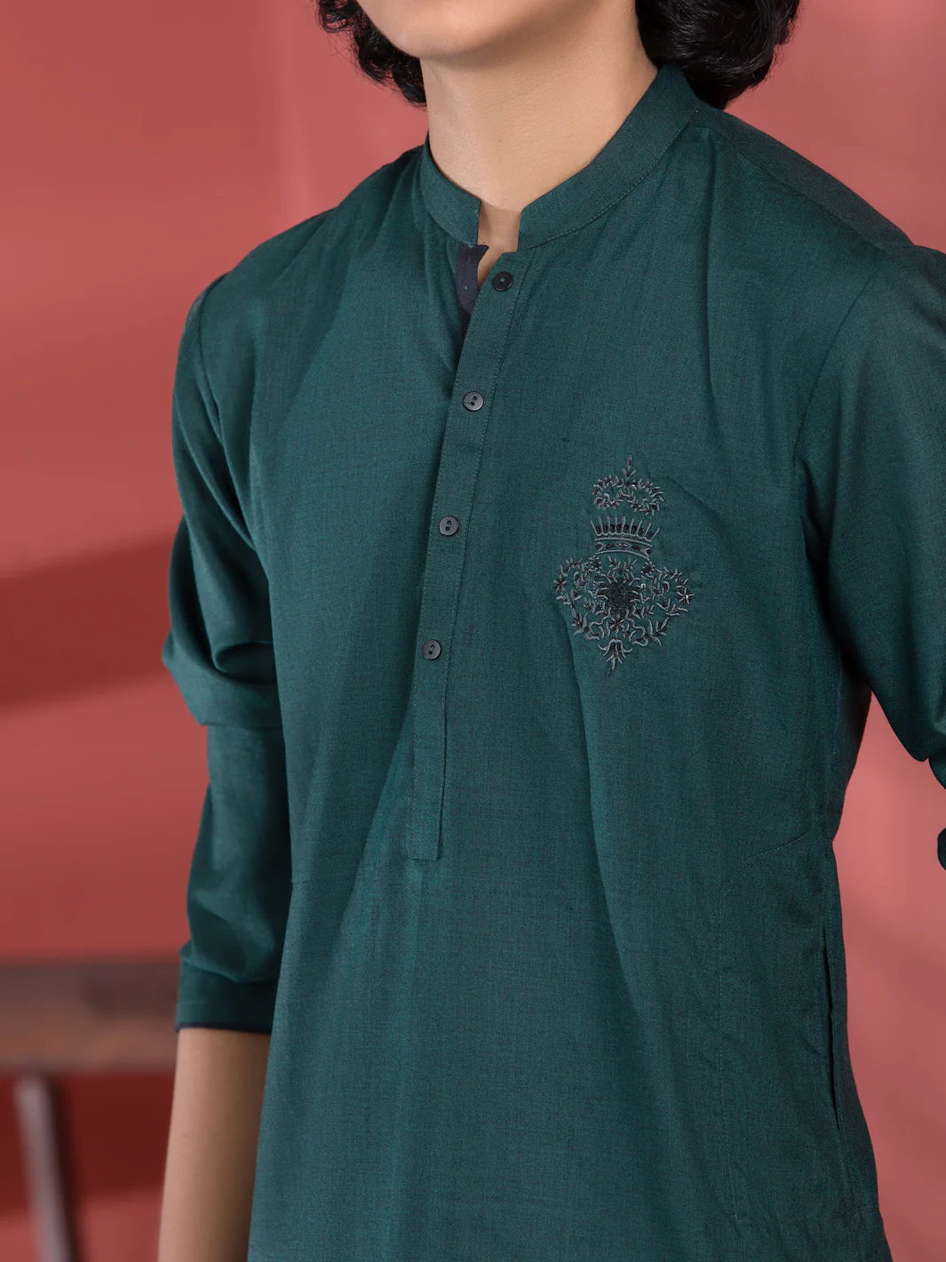 Dark Green Blended Boy Kurta - ALT-K-013B - Image 2