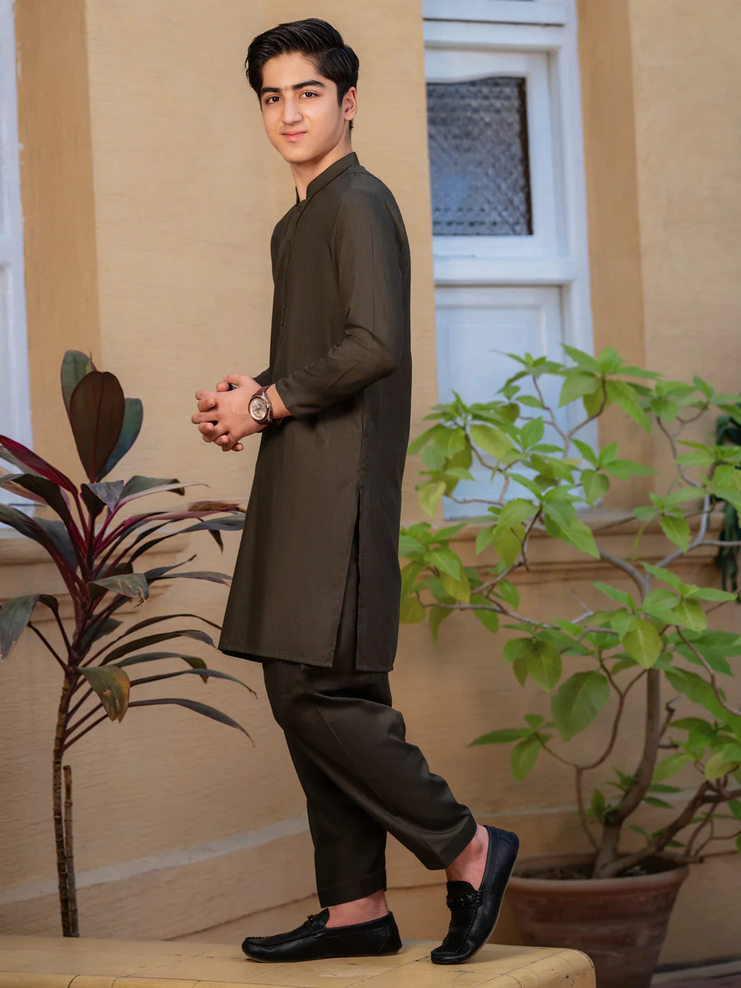 Olive Green Blended Kameez Shalwar - ALT-KS-078 - Image 4