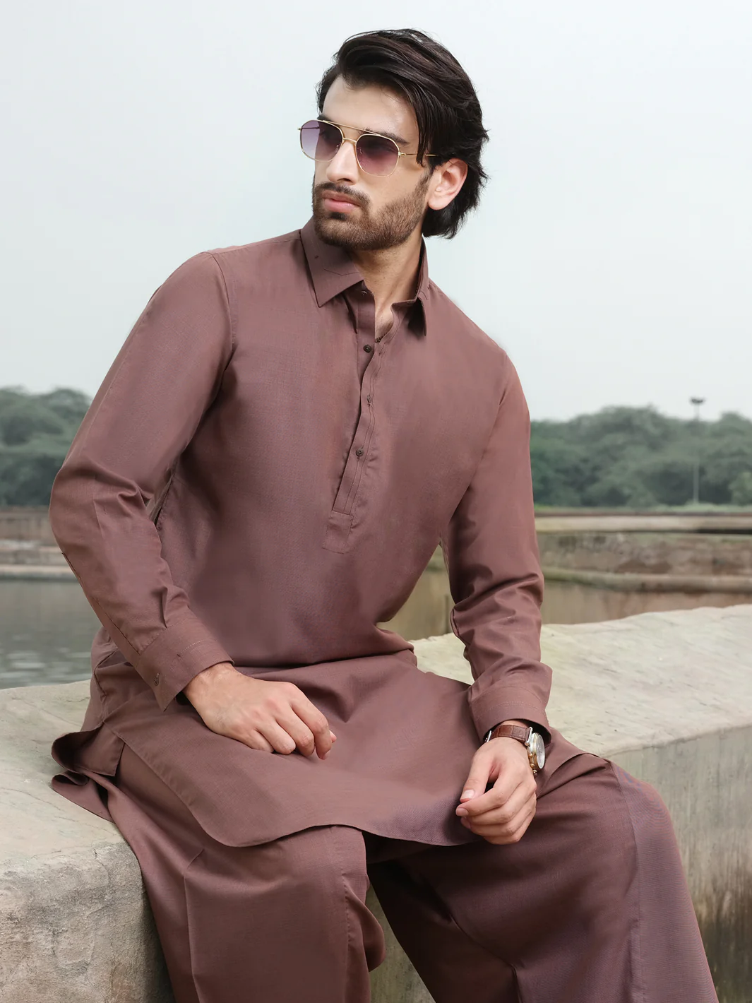 Brown Blended Kameez Shalwar - ALWA-KS-206 - Image 2