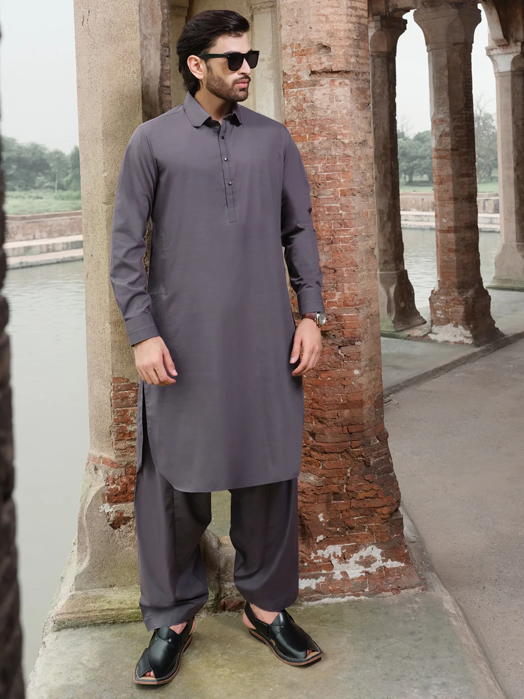 Charcoal Grey Blended Kameez Shalwar - ALWA-KS-207
